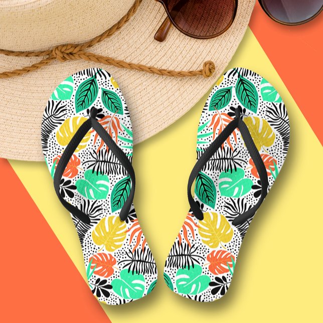 Colourful Plants and Dots Flip Flops (Colorful tropical plants and leaves flip flops)