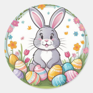Colourful Playful Easter Bunny Eggs Round Stickers