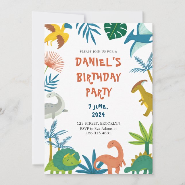 Colourful Playful Illustrative Dinosaur Birthday  Invitation (Front)