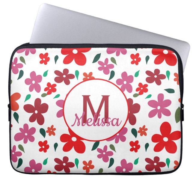 Colourful Playful Minimalistic Floral Monogram Laptop Sleeve (Front)