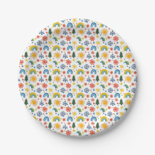 Colourful Playful Pattern with Rainbows and Flower Paper Plate