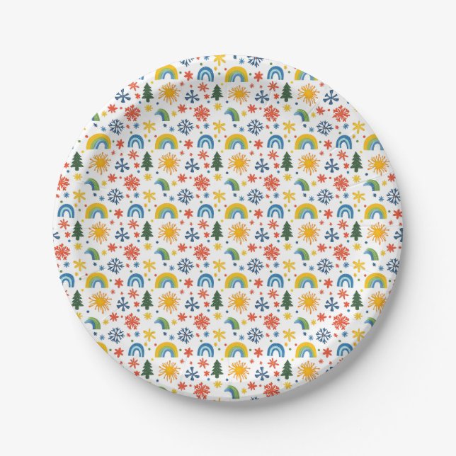 Colourful Playful Pattern with Rainbows and Flower Paper Plate (Front)