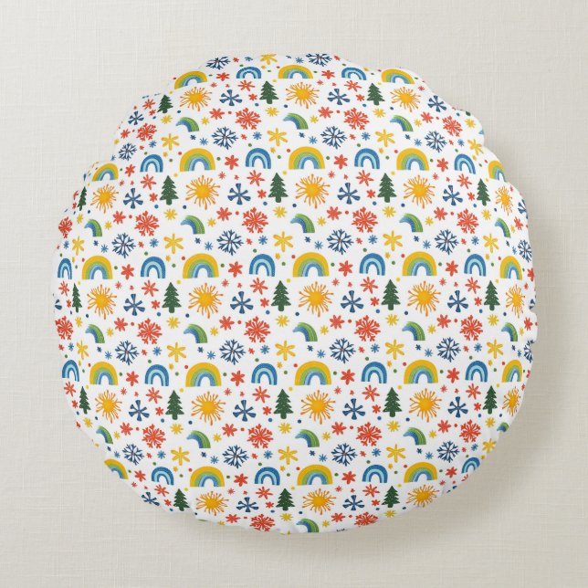 Colourful Playful Pattern with Rainbows and Flower Round Cushion (Front)