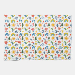 Colourful Playful Pattern with Rainbows and Flower Tea Towel