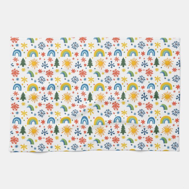 Colourful Playful Pattern with Rainbows and Flower Tea Towel (Horizontal)
