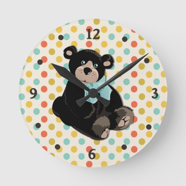 Colourful Polka Dot and Teddy Bear Wall Clock (Front)