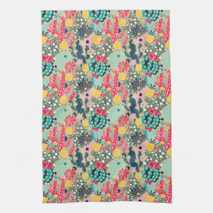 Colourful Polka Dot Cactus Pattern Tea Towel