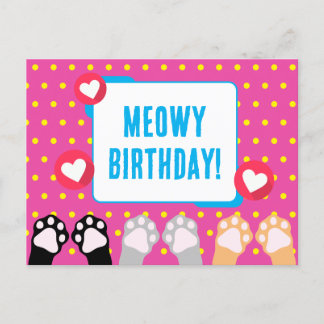 Colourful Polka Dot Cat Paws Up Happy Birthday Postcard
