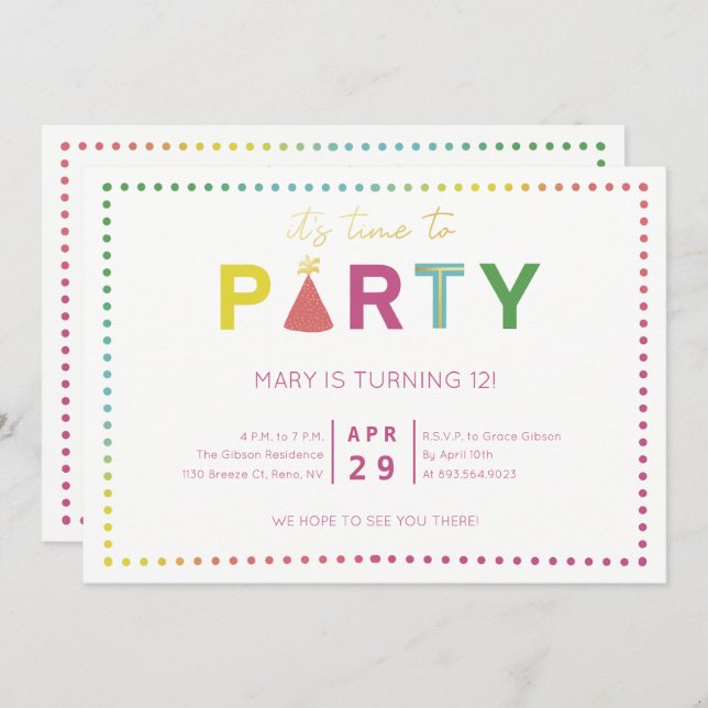 Colourful Polka Dot Party Hat Party Invitation (Front/Back)