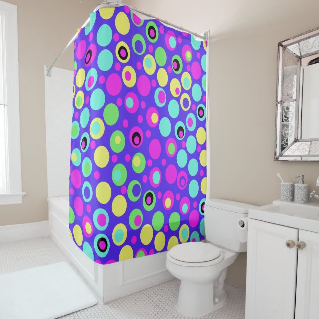 Colourful Polka Dot Party Shower Curtain (In Situ)