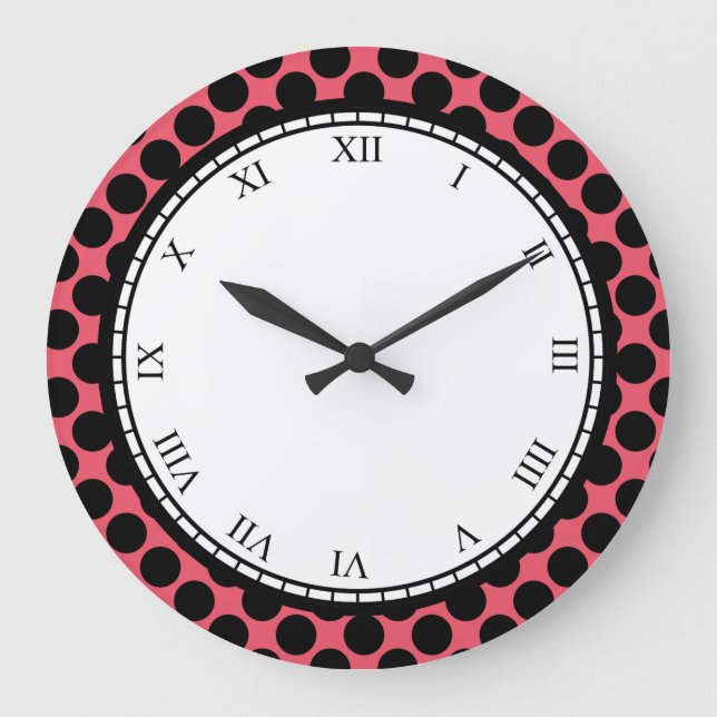 Colourful Polka Dot Roman Digits Black on any Colo Large Clock (Front)