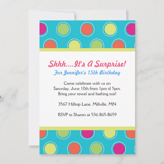 Colourful Polka Dot Themed Birthday Party Invites (Front)
