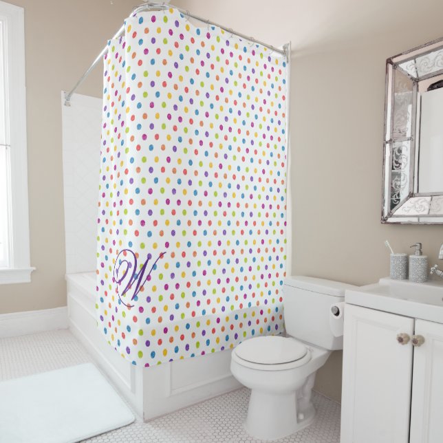 Colourful Polka-dot with Monogram Shower Curtain (In Situ)