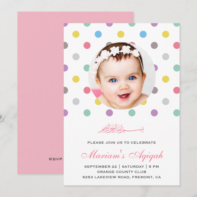 Colourful Polka Dots Baby Girl Photo Aqiqah Invitation (Front/Back)
