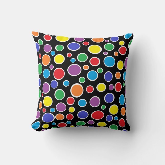 Colourful Polka Dots Black Pillow (Front)
