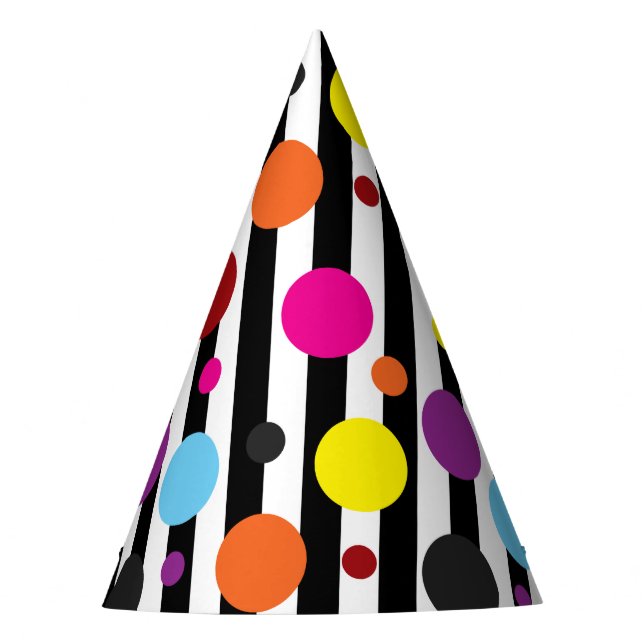 Colourful Polka Dots Black White Stripes Design Party Hat (Front)