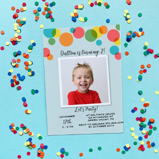 Colourful Polka Dots Boys Photo Birthday Invitation