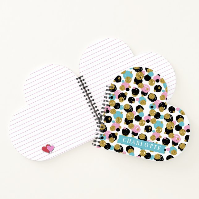 Colourful Polka Dots Gold Glitter Custom Name Girl Notebook (Inside)