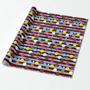 Colourful Polka-dots Grey Black Stripes Pattern Wrapping Paper