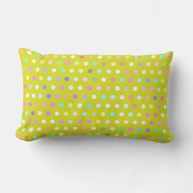 Colourful polka dots on a citrine yellow backgroun lumbar cushion (Front)