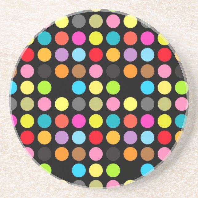 Colourful Polka Dots on Black Coaster (Front)