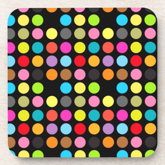 Colourful Polka Dots on Black Coaster (Front)