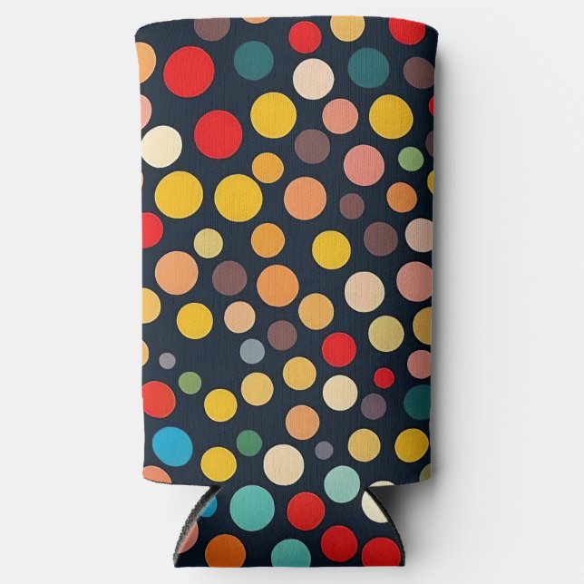 Colourful Polka Dots on Dark Background Seltzer Can Cooler (Front)