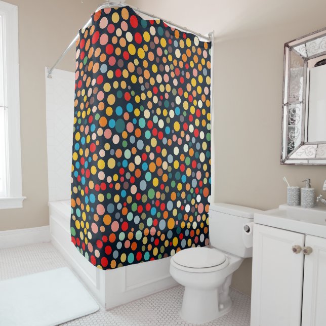 Colourful Polka Dots on Dark Background Shower Curtain (In Situ)
