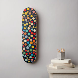 Colourful Polka Dots on Dark Background Skateboard