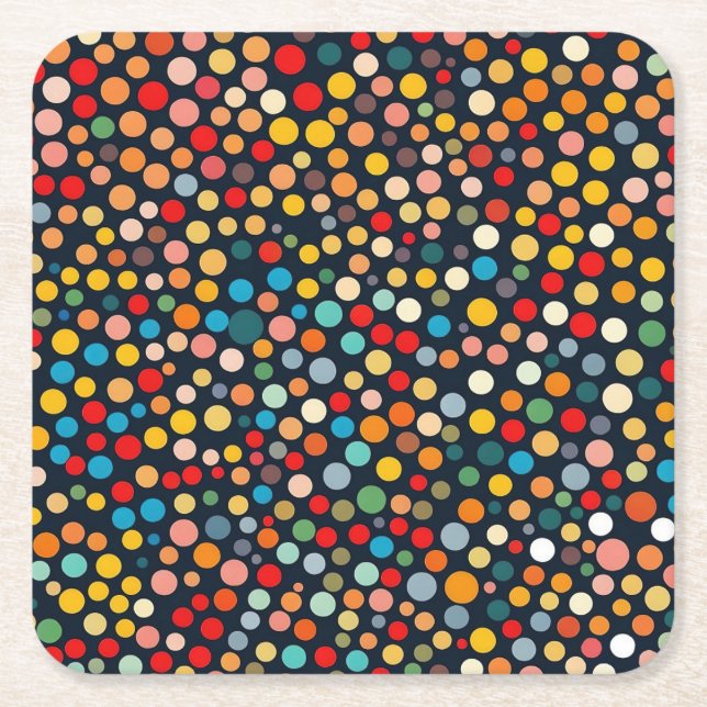 Colourful Polka Dots on Dark Background Square Paper Coaster (Front)