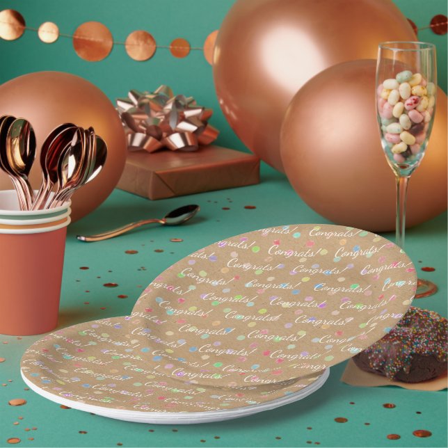 Colourful Polka Dots On Faux Kraft Paper Backgroun Paper Plate (Multi)