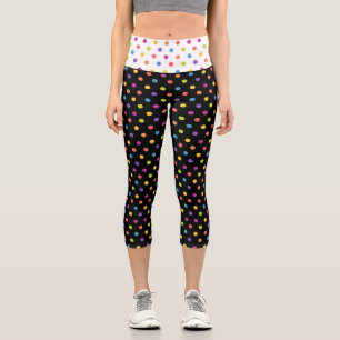Colourful Polka Dots on White & Black Capri Leggings