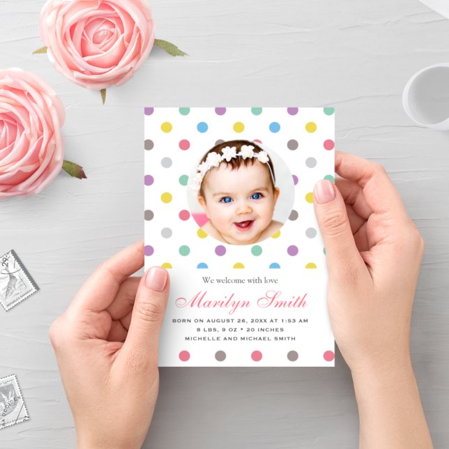 Colourful Polka Dots Photo Birth Announcement (Creator Uploaded)