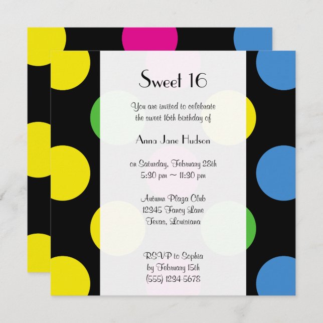 Colourful Polka Dots, Polka Dot Pattern, Sweet 16 Invitation (Front/Back)