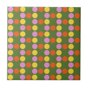 Colourful Polkadot Pattern in Green Background Ceramic Tile