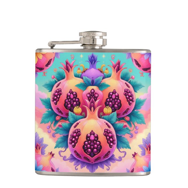 Colourful Pomegranate Hip Flask (Front)