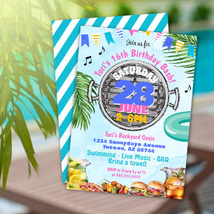 Colourful Pool BBQ Birthday Party Invitation