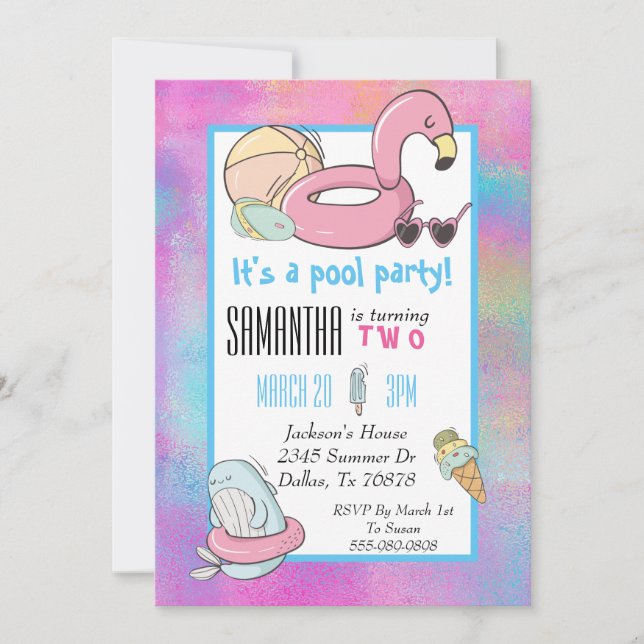 Colourful Pool Birthday Party Flamingo Ice Cream Invitation (Front)