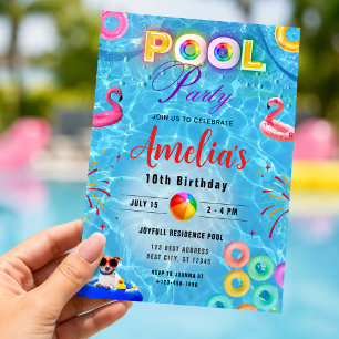 Colourful Pool Party Birthday Party Invitation 