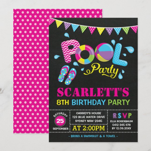 Colourful Pool Party Girls Birthday Swimming Invitation (Front/Back)
