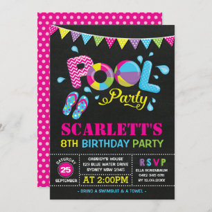Colourful Pool Party Girls Birthday Swimming Invitation