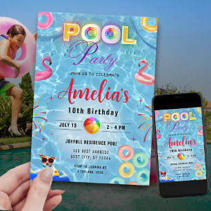 Colourful Pool Party Invitation   Birthday Party