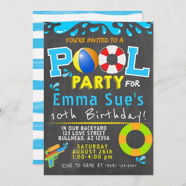 Colourful Pool Party Water Gun Birthday Invitation (Front/Back)