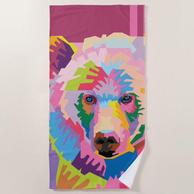 Colourful Pop Art Bear Portrait Beach Towel (Front)