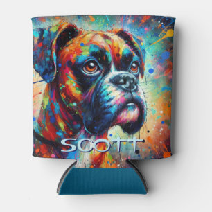 Colourful Pop Art Boxer Dog Personalised Teal Blue Can Cooler