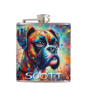Colourful Pop Art Boxer Dog Personalised Teal Blue Hip Flask