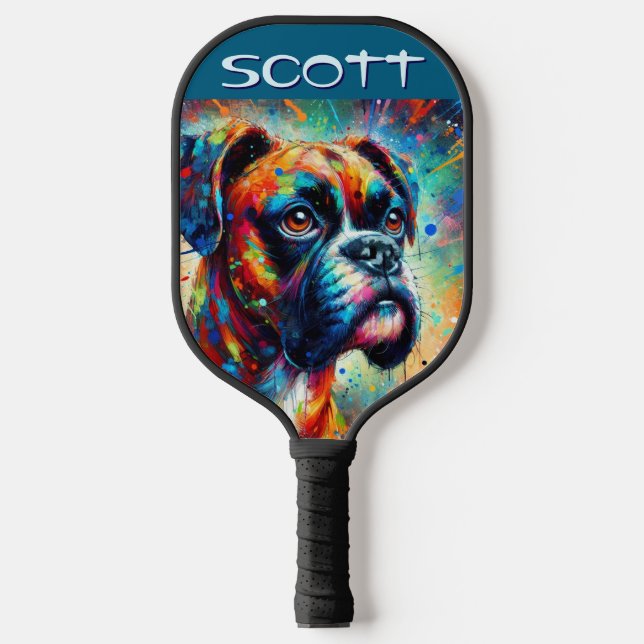 Colourful Pop Art Boxer Dog Personalised Teal Blue Pickleball Paddle (Front)