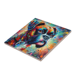 Colourful Pop Art Boxer Dog Teal Blue Dogs Ceramic Tile