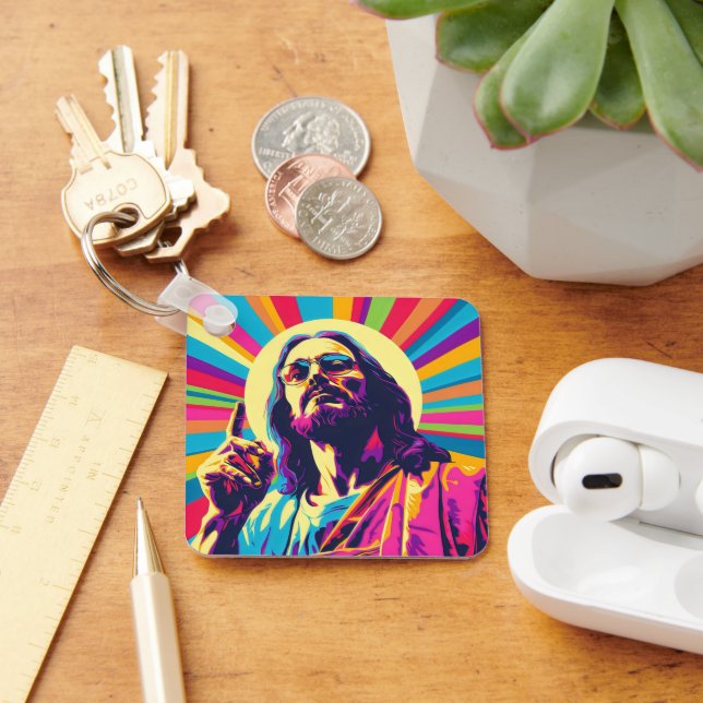 Colourful Pop Art Cool Jesus Key Ring (Desk)