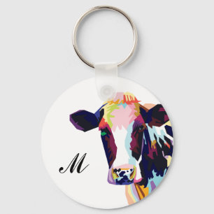 Colourful Pop Art Cow Monogrammed Key Ring